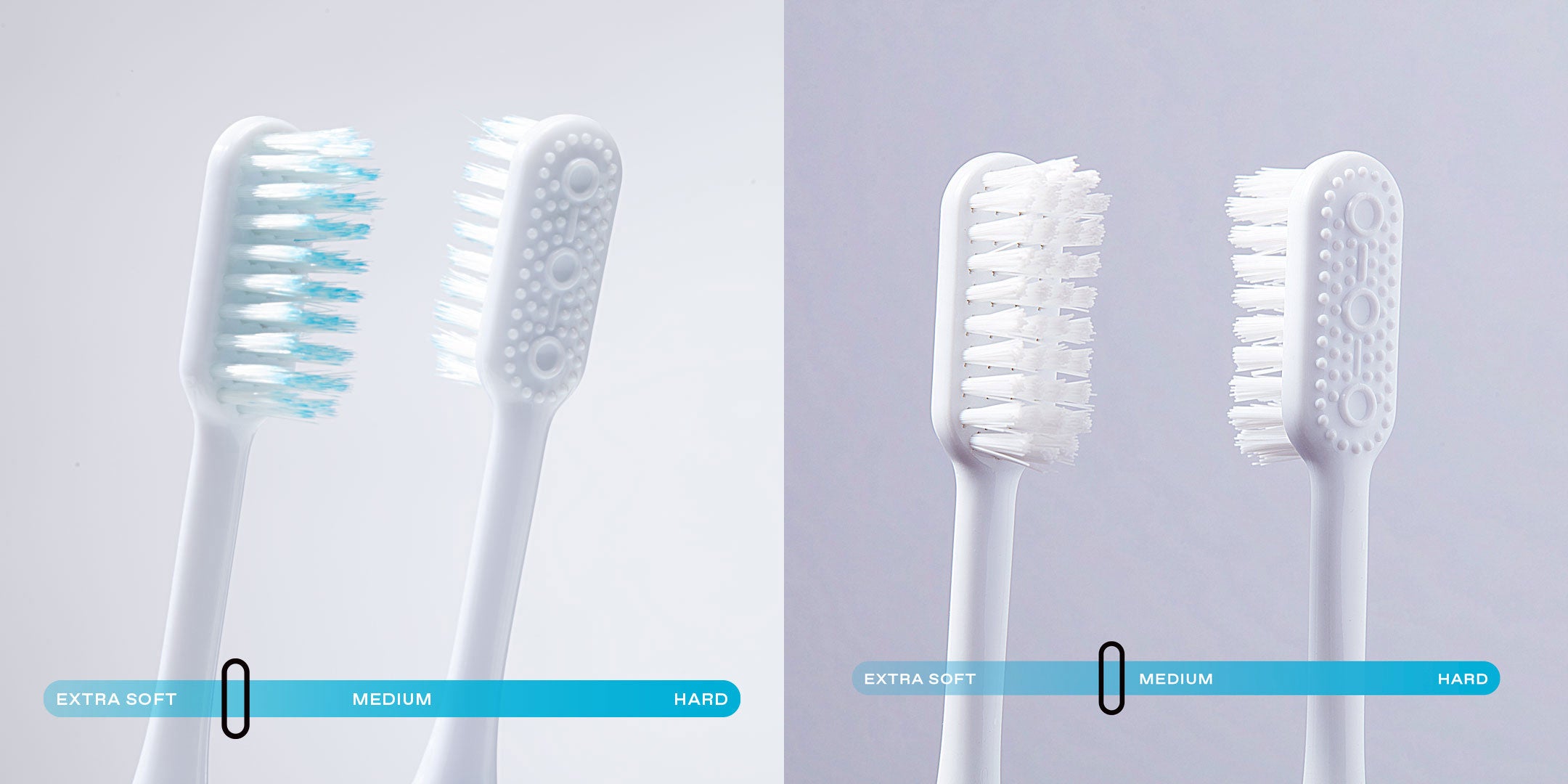 Nada toothbrush heads with soft, floss-tip bristles and medium bristles