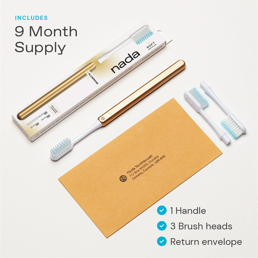Nada Toothbrush Starter Set with a Forever Aluminum Handle, 3 Replacement Toothbrush Heads and a Return Envelope