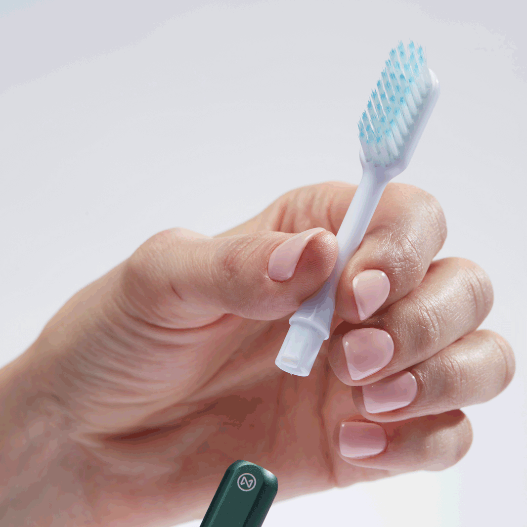 Nada toothbrush head being inserted into infinitely recyclable aluminum toothbrush handle