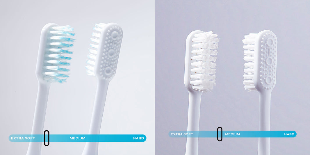 Nada toothbrush heads with soft, floss-tip bristles and medium bristles