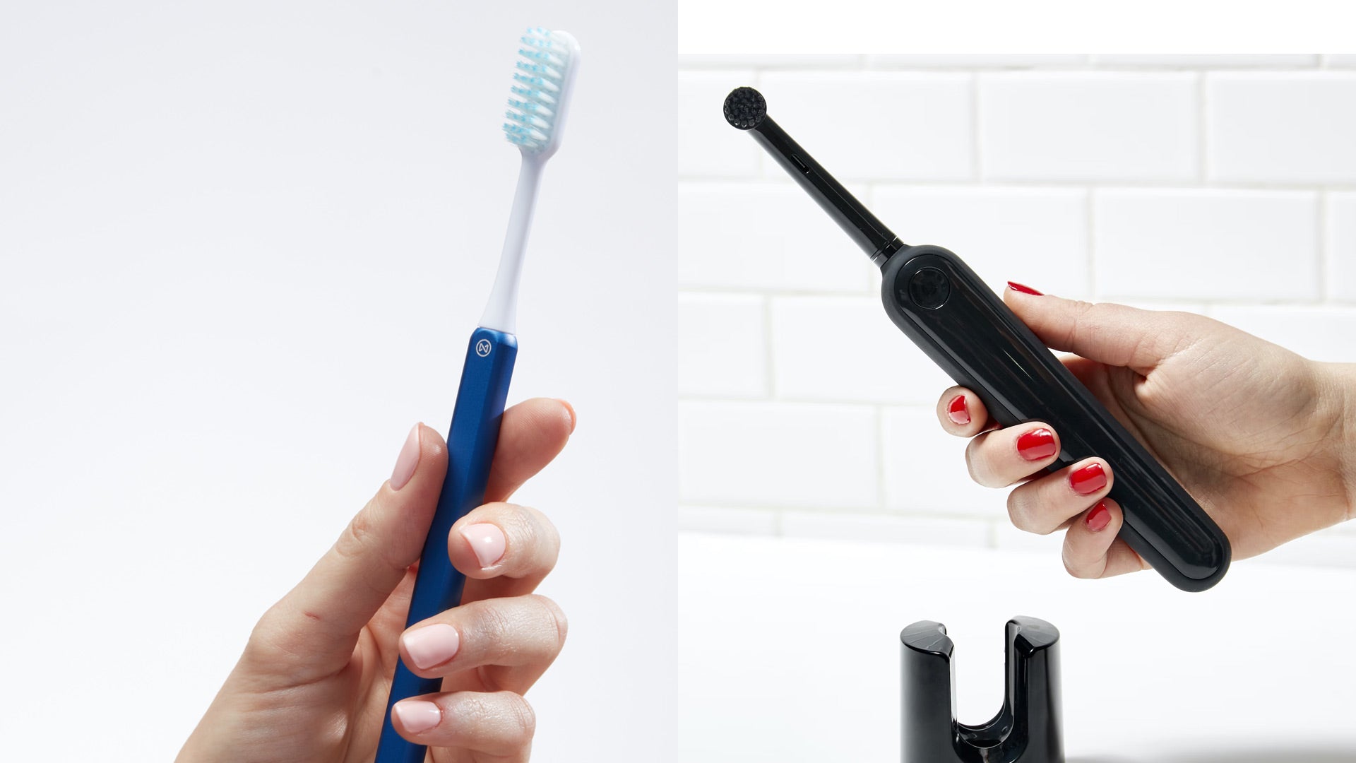 Photo of an electric toothbrush and Nada eco-friendly manual toothbrush