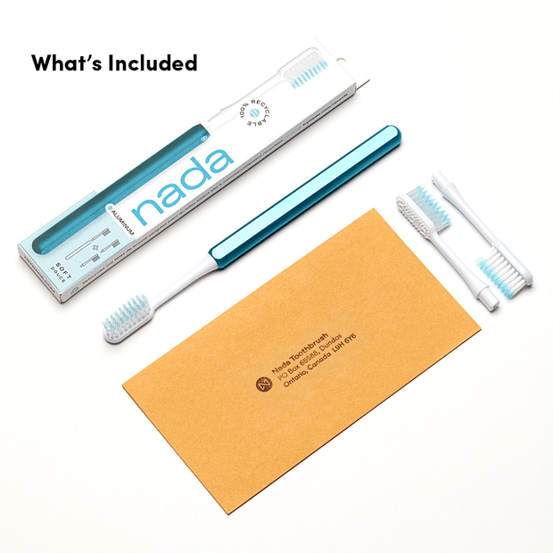 Nada eco-friendly toothbrush starter kit with one aluminium handle, 3 toothbrush heads and a return envelope 