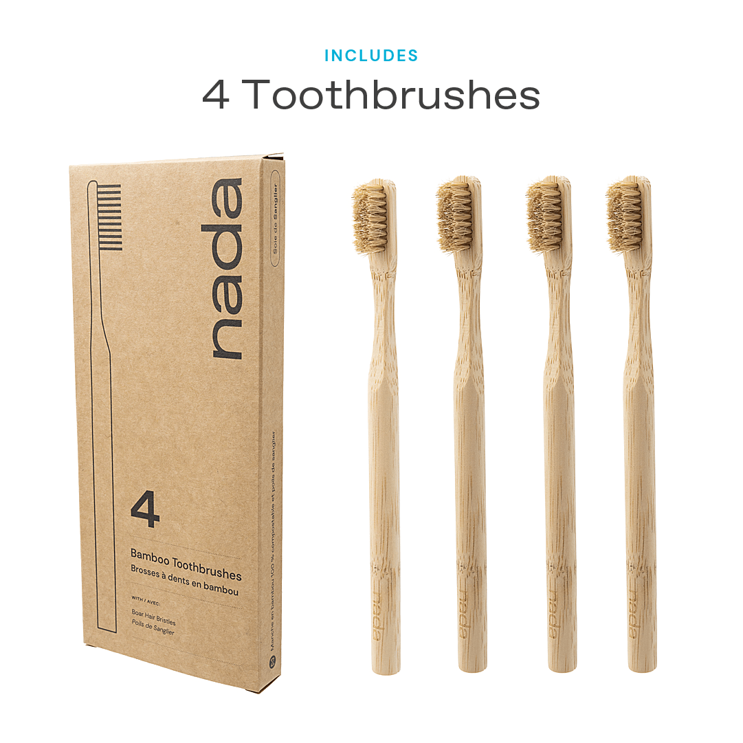 All Natural 4-Pack of Nada Bamboo Toothbrushes with Boar Hair Bristles