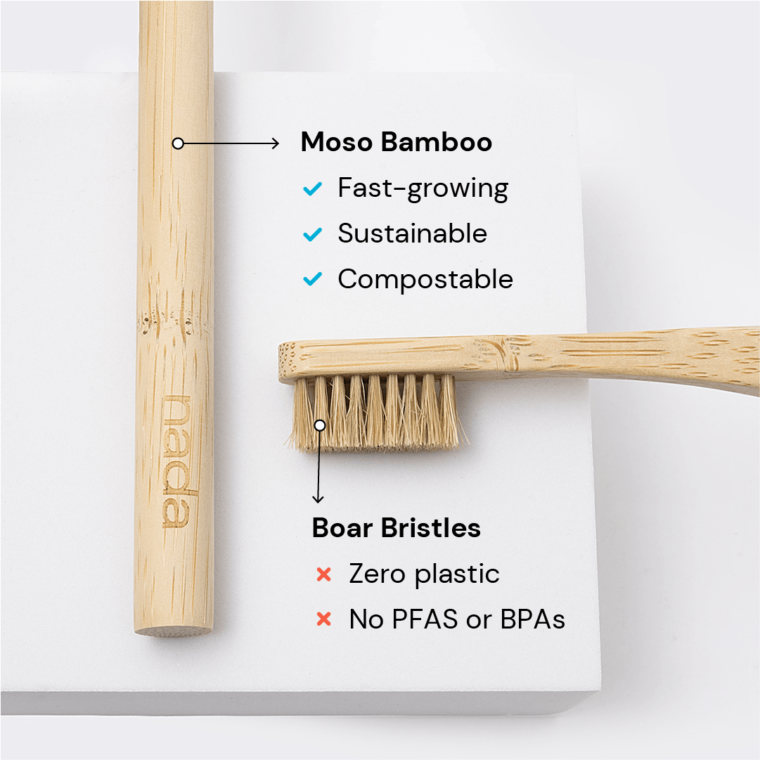 Home Compostable Nada Bamboo Toothbrushes with Boar Hair Bristles made with Moso Bamboo