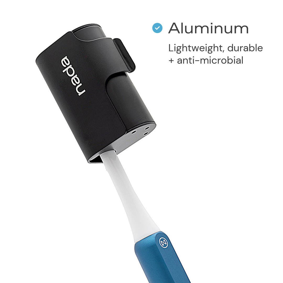 Black Nada toothbrush cover made of  durable, lightweight aluminium. 