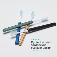 Ocean Blue, Green, Gold and Black Nada Toothbrushes with a customer testimonial: "By far the best toothbrush I've ever used!"