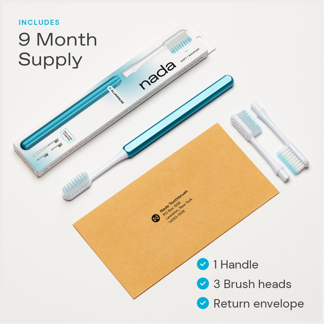 Nada Toothbrush Starter Set includes 1 Forever Handle, 3 Recyclable Replacement Toothbrush Heads and a Return Envelope