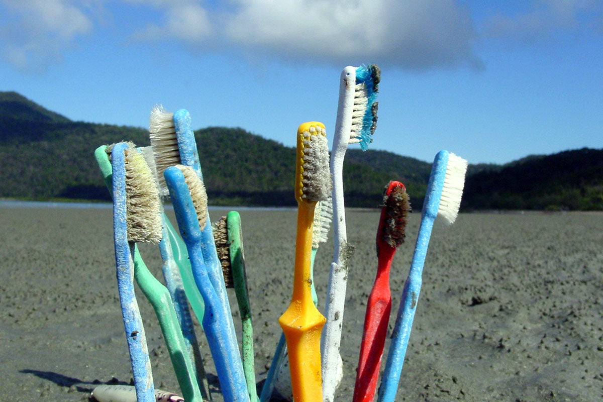 Plastic disposable toothbrushes on a beach