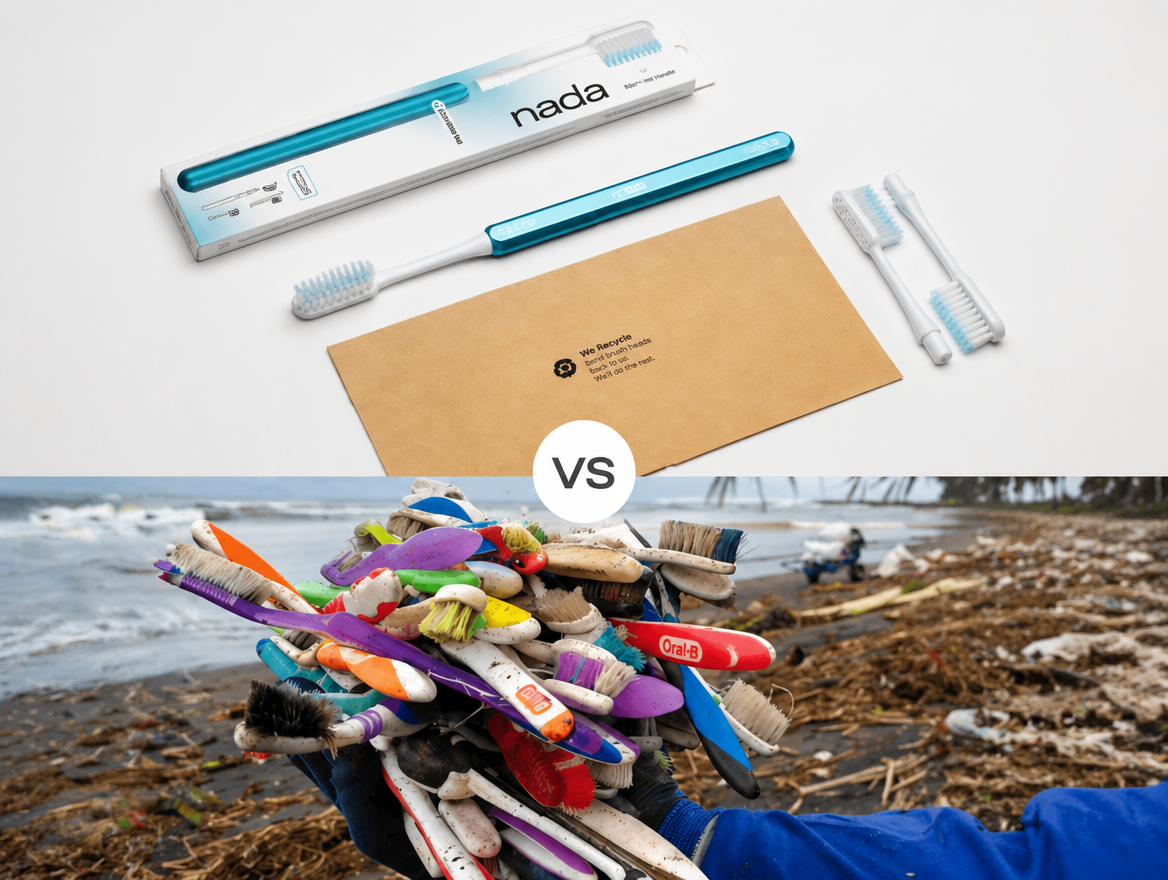 Nada toothbrush vs pile of disposable plastic toothbrushes